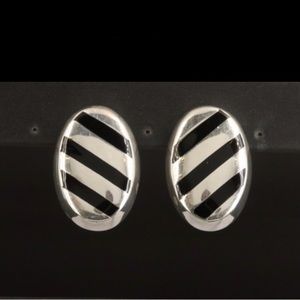 Vintage Mexican Sterling Silver Large Black Inlay Earrings